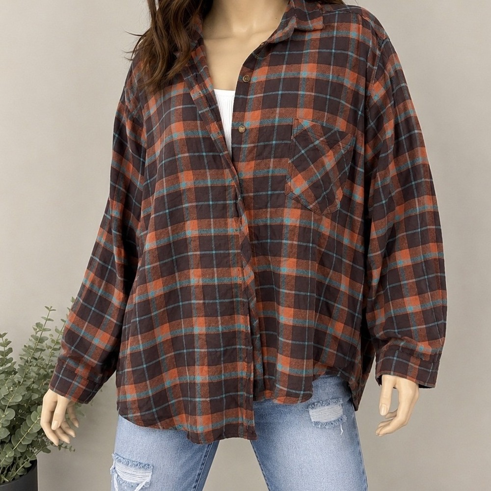Maurices Womens Flannel Shirt Brown Orange Blue Plaid Button Up 4X